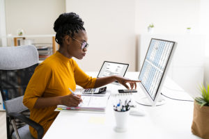 African American woman preparing taxes