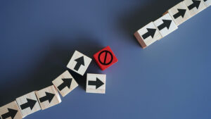 a line of blocks with arrows painted on them are interrupted by a block with the universal no sign painted on it.