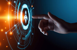 concept art of a hand pushing a rocket button representing venture capital.