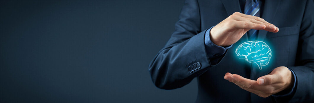 concept art of a businessman holding a virtual brain between his hands.