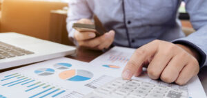 A person works on tax projections.