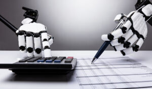 robot hands calculating numbers.