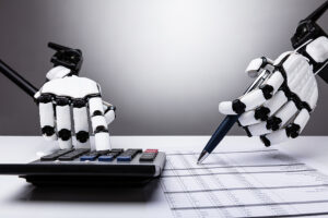 robot hands calculating numbers.