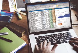 a person looks at a transaction spreadsheet on their computer.