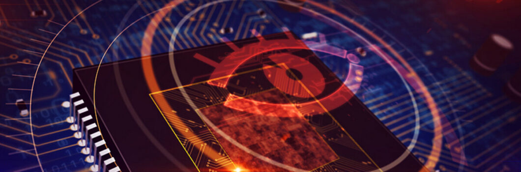 Concept art of a digital eye over a semiconductor representing cybersecurity.