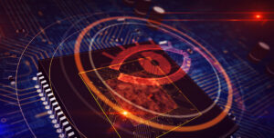 Concept art of a digital eye over a semiconductor representing cybersecurity.
