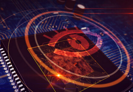 Concept art of a digital eye over a semiconductor representing cybersecurity.