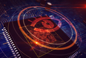Concept art of a digital eye over a semiconductor representing cybersecurity.